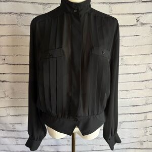 Vintage Neil Martin Pleated Mandarin Collar Blouse Black Minimalist 90s Size 14